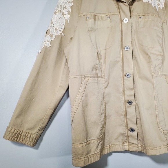 Chico's Lace Applique Utility Jacket Khaki White Size 2 Petite - Picture 3 of 16